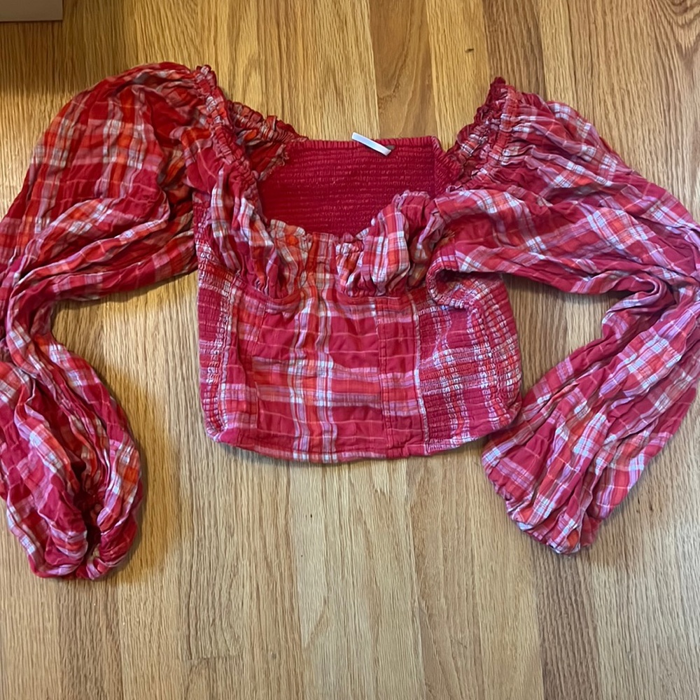 Free People Plaid Puff Sleeve Top